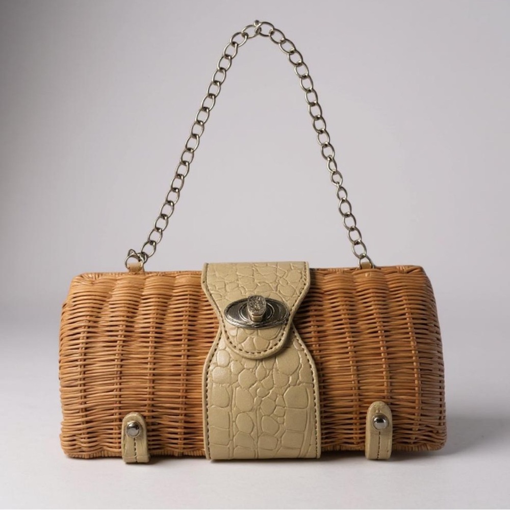 Tan and Cream Mini basket Bag with Chain Strap. Ivory and silver finishings - Picture 2 of 12